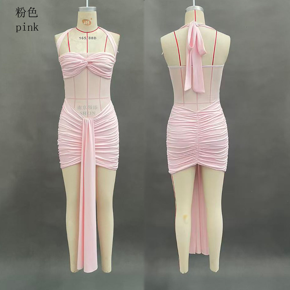 Women's Summer Halter Neck Mesh Spliced Bodycon Mini Dress with Ribbon