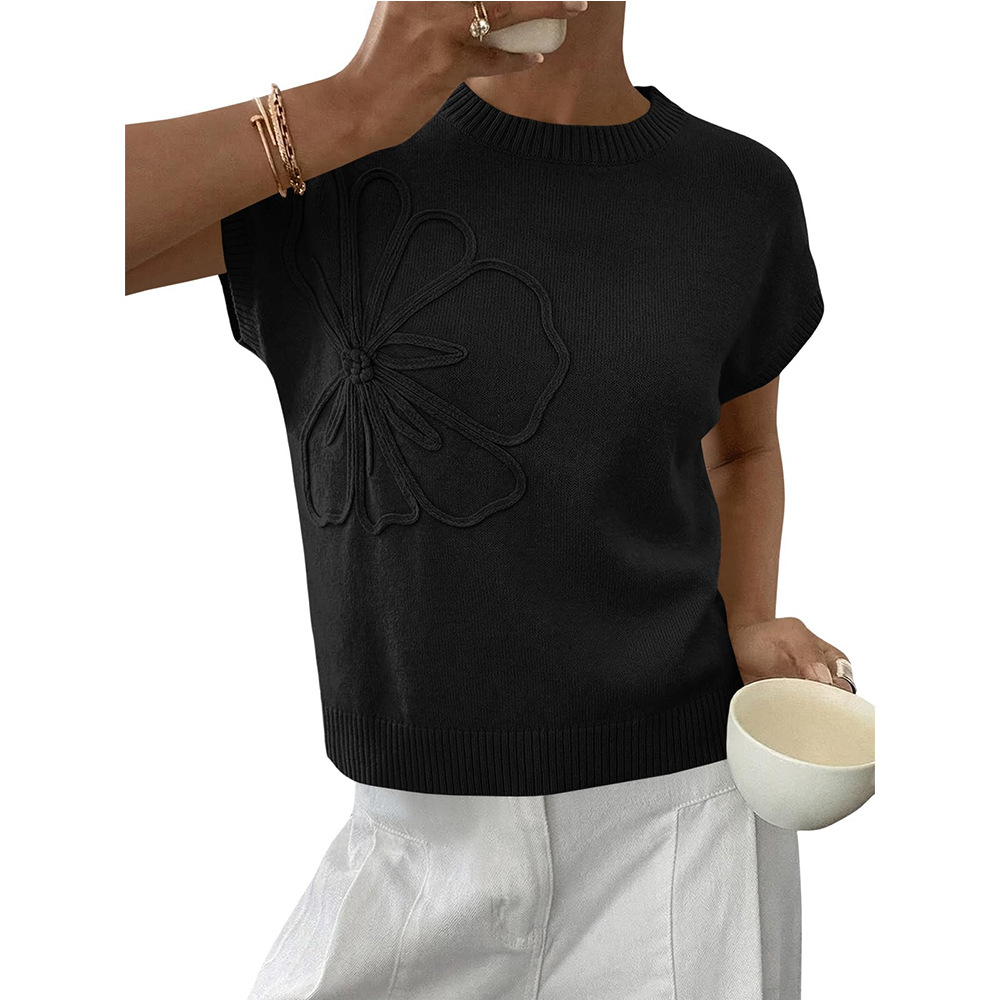 Women's Floral Jacquard Knit Short Sleeve Sweater