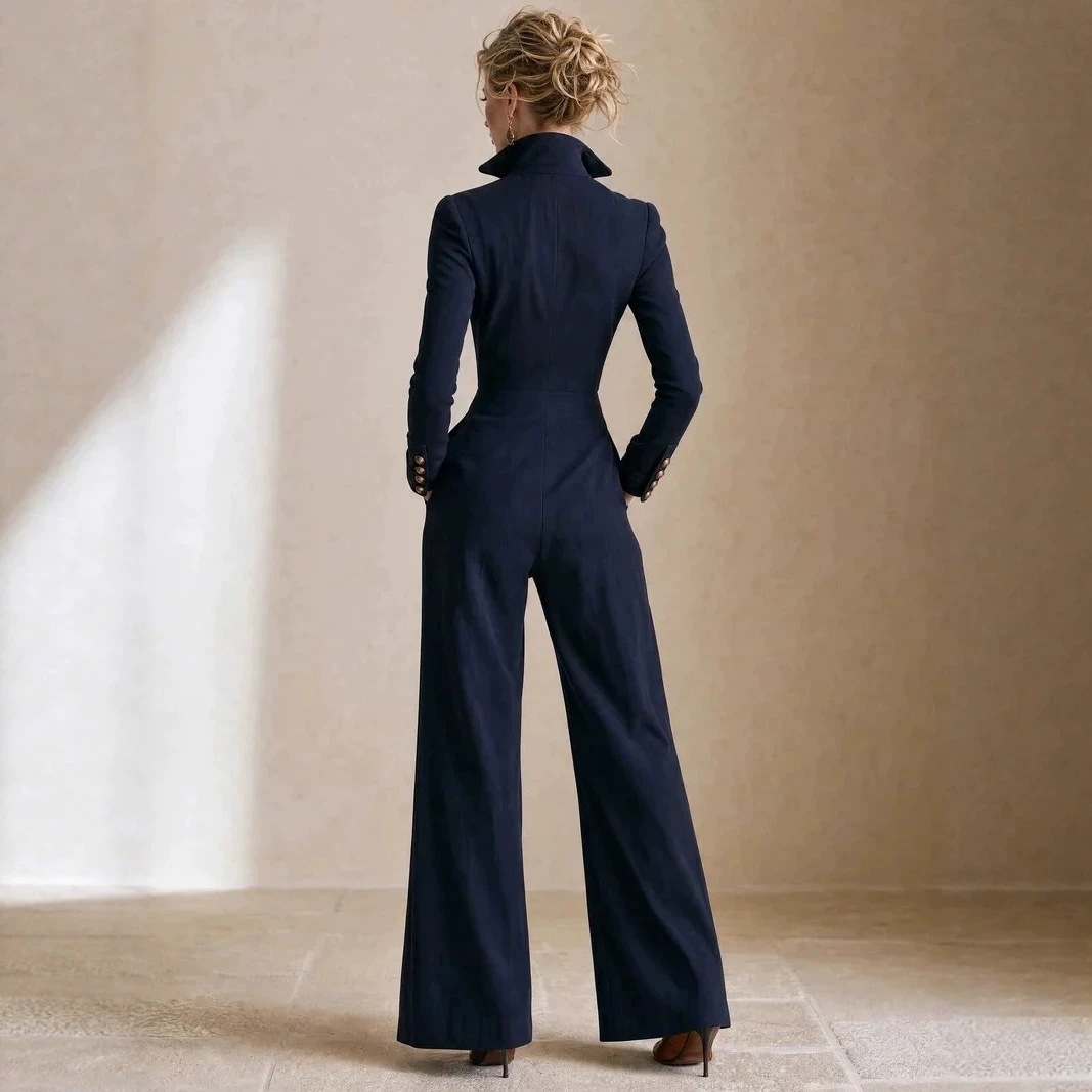 Navy Vintage Military Jumpsuit with Stand Collar, Double-Breasted Metal Buttons, Cinched Waist, Wide Leg