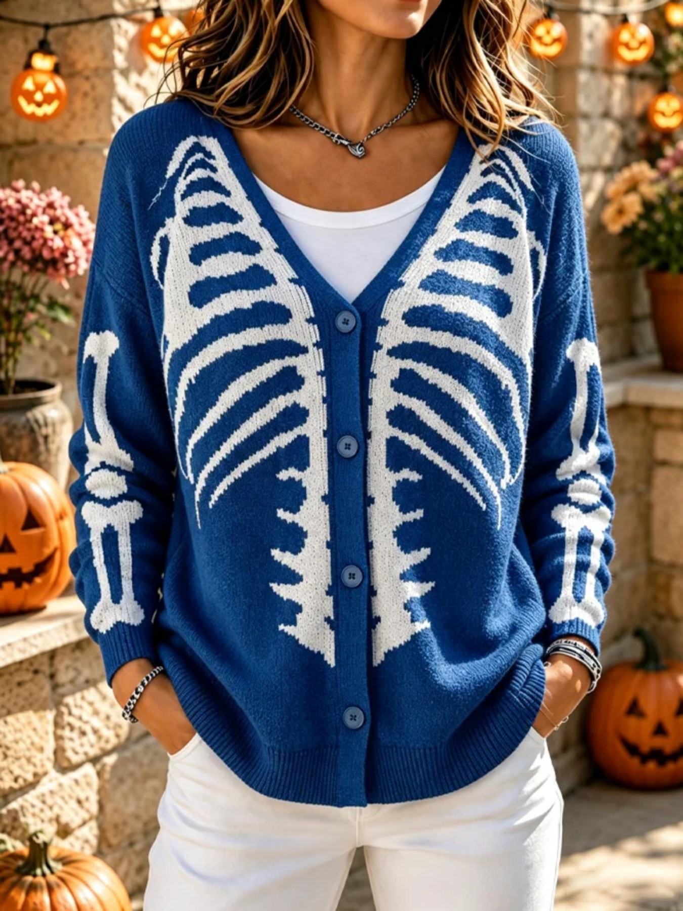 Women's Skeleton Ribbed Halloween Graphic Cardigan