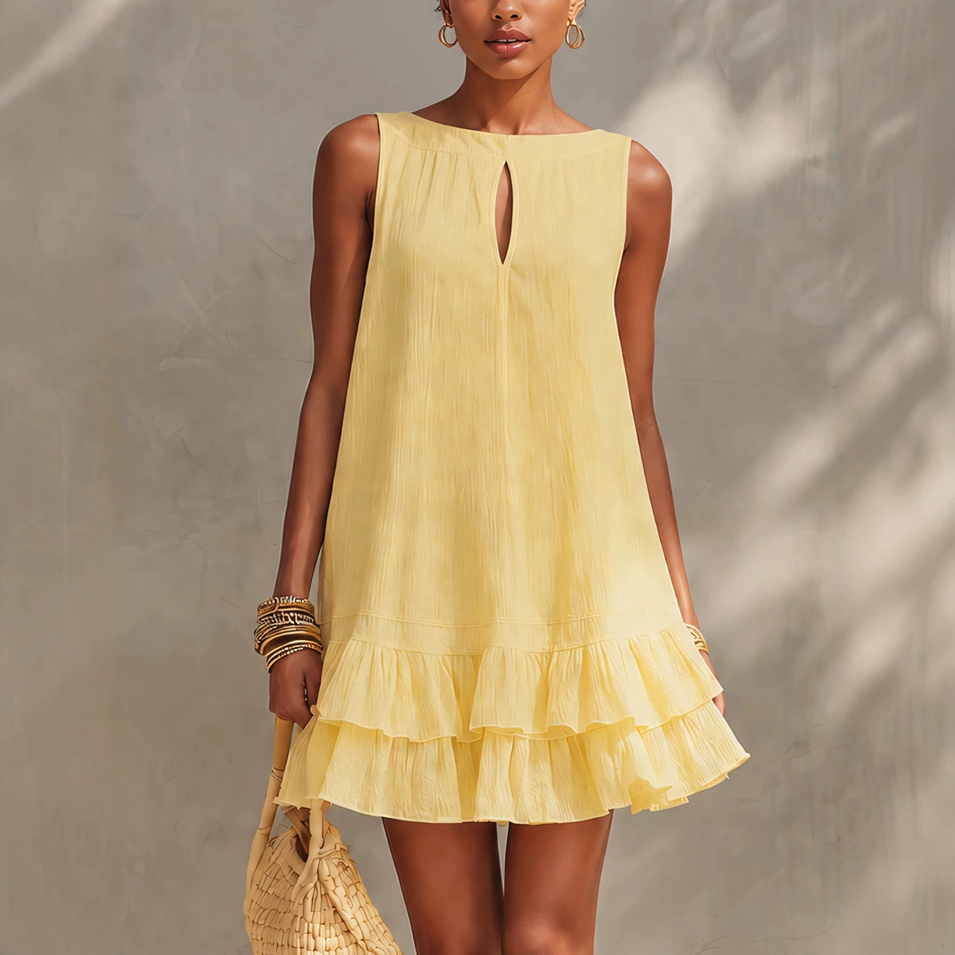 Light Yellow Textured Boat Neck Cutout Sleeveless A-Line Dress with Double Ruffle Hem