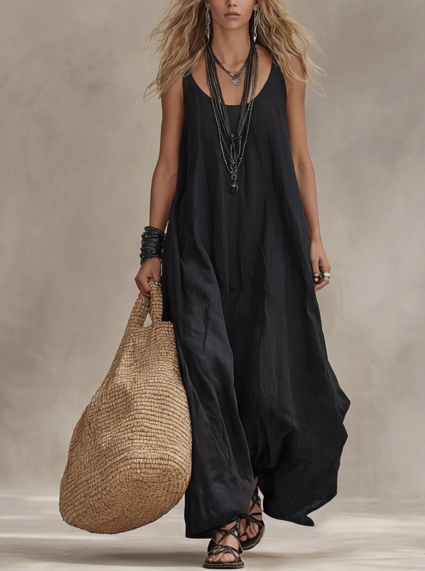 Women's Sleeveless Boho A-Line Maxi Dress Loose Fit