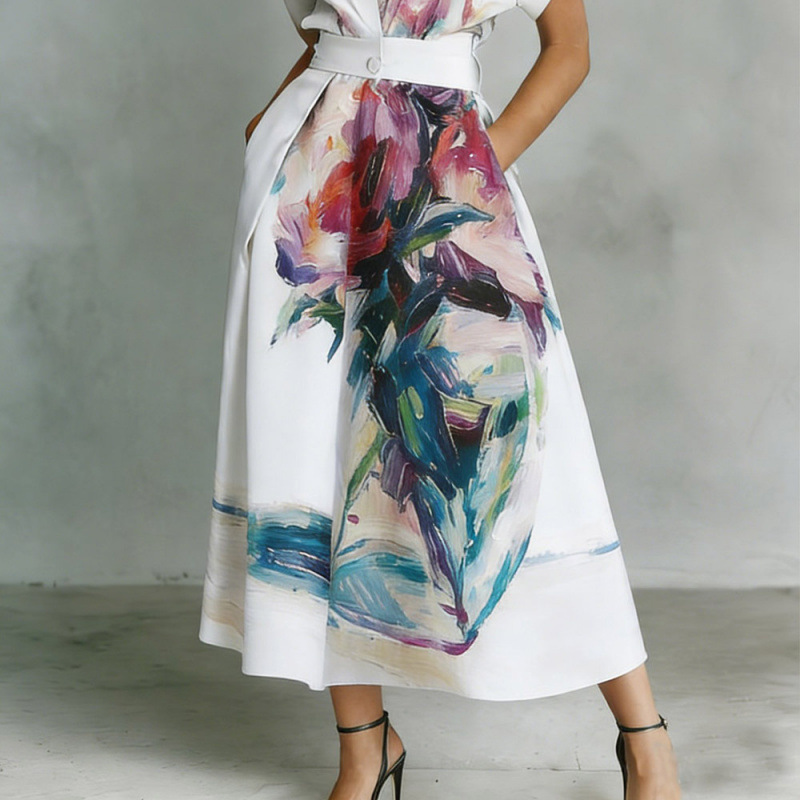 Floral Print Long Shirt Dress with Polo Collar