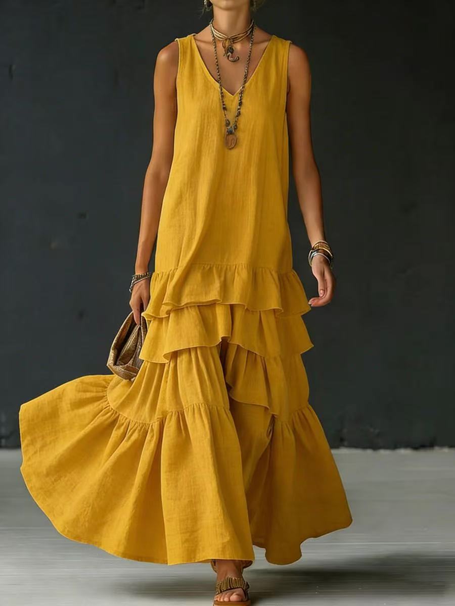 Solid Color Loose Fit Sleeveless Maxi Dress with Full Skirt