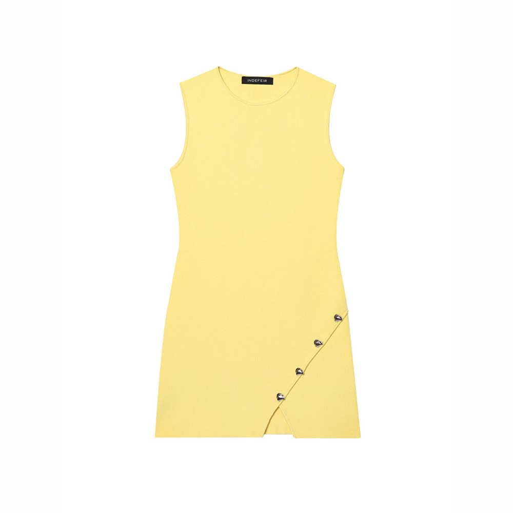 Asymmetric Button-Trim Knit Dress Sleeveless High Waist
