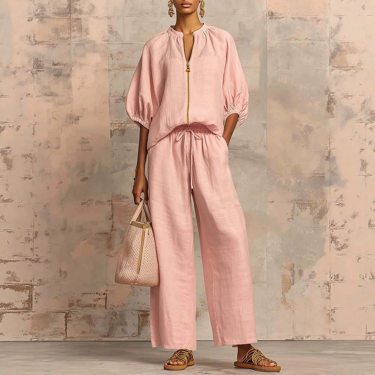 Women's Relaxed Solid Color Drawstring Two-Piece Pants Set