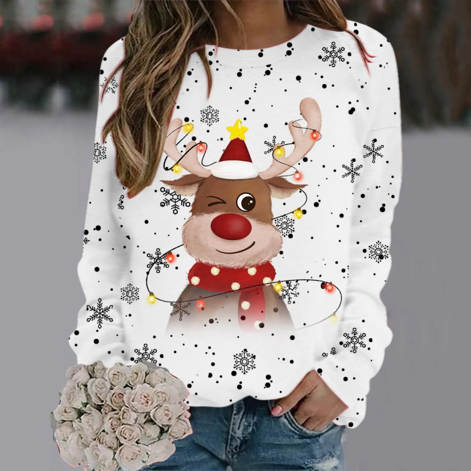 Women's Cartoon Christmas Reindeer Snowflake Print Crewneck Sweatshirt