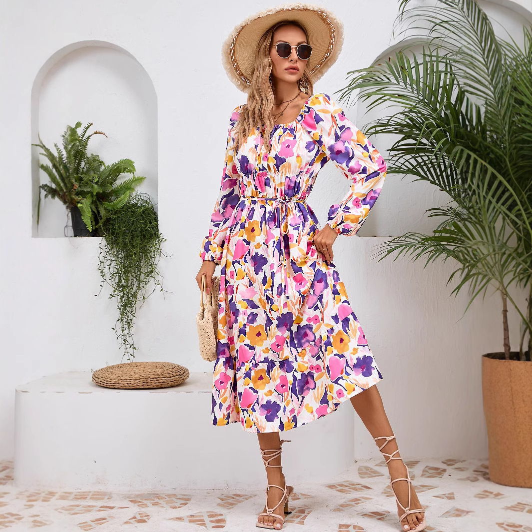 V-Neck Lantern Sleeve Floral Print Midi Dress