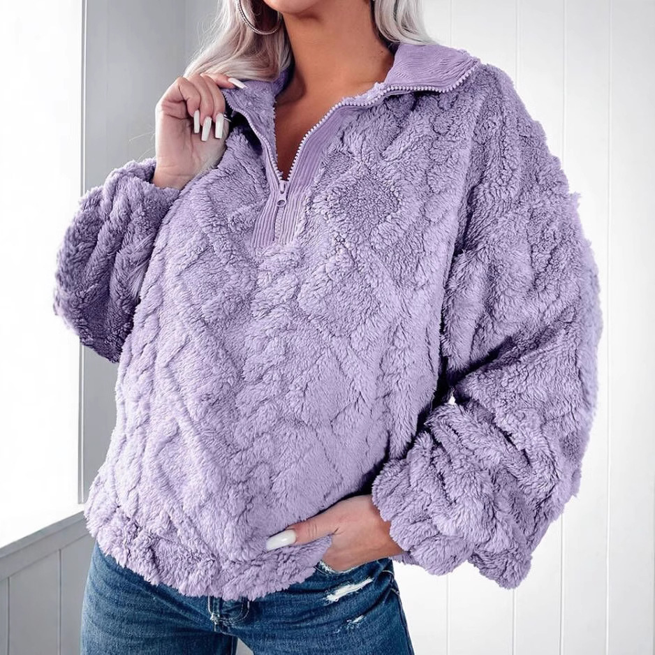 Women's Solid Color Fuzzy Pullover Top with Lantern Sleeves