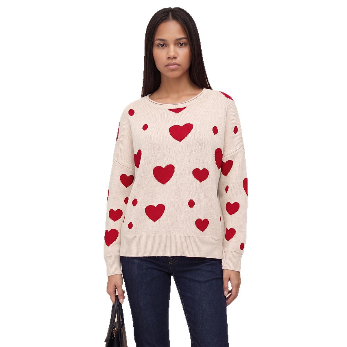 Polka Dot Heart Crewneck Pullover Sweater