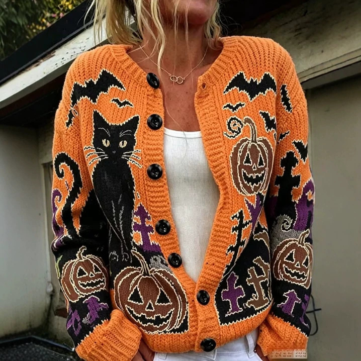 Halloween Cat Pumpkin Castle Bat Print Women's Cardigan