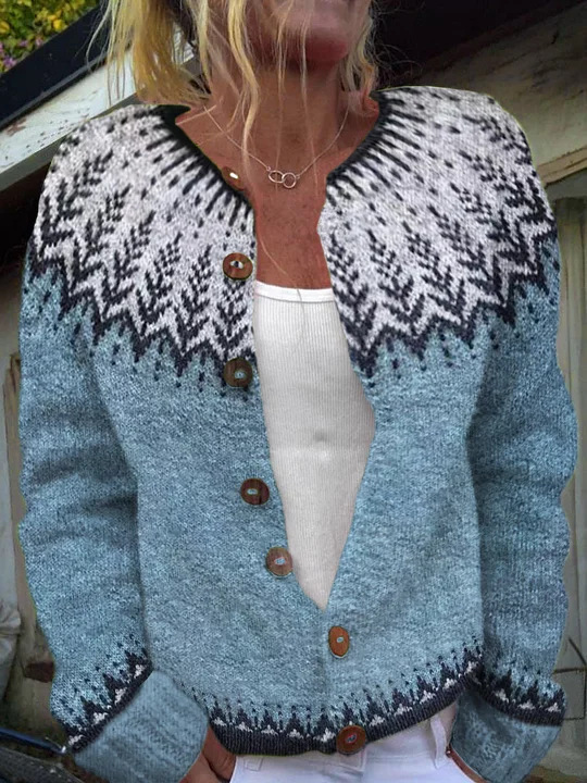 Women's Tribal Feather Print Button Cardigan Sweater