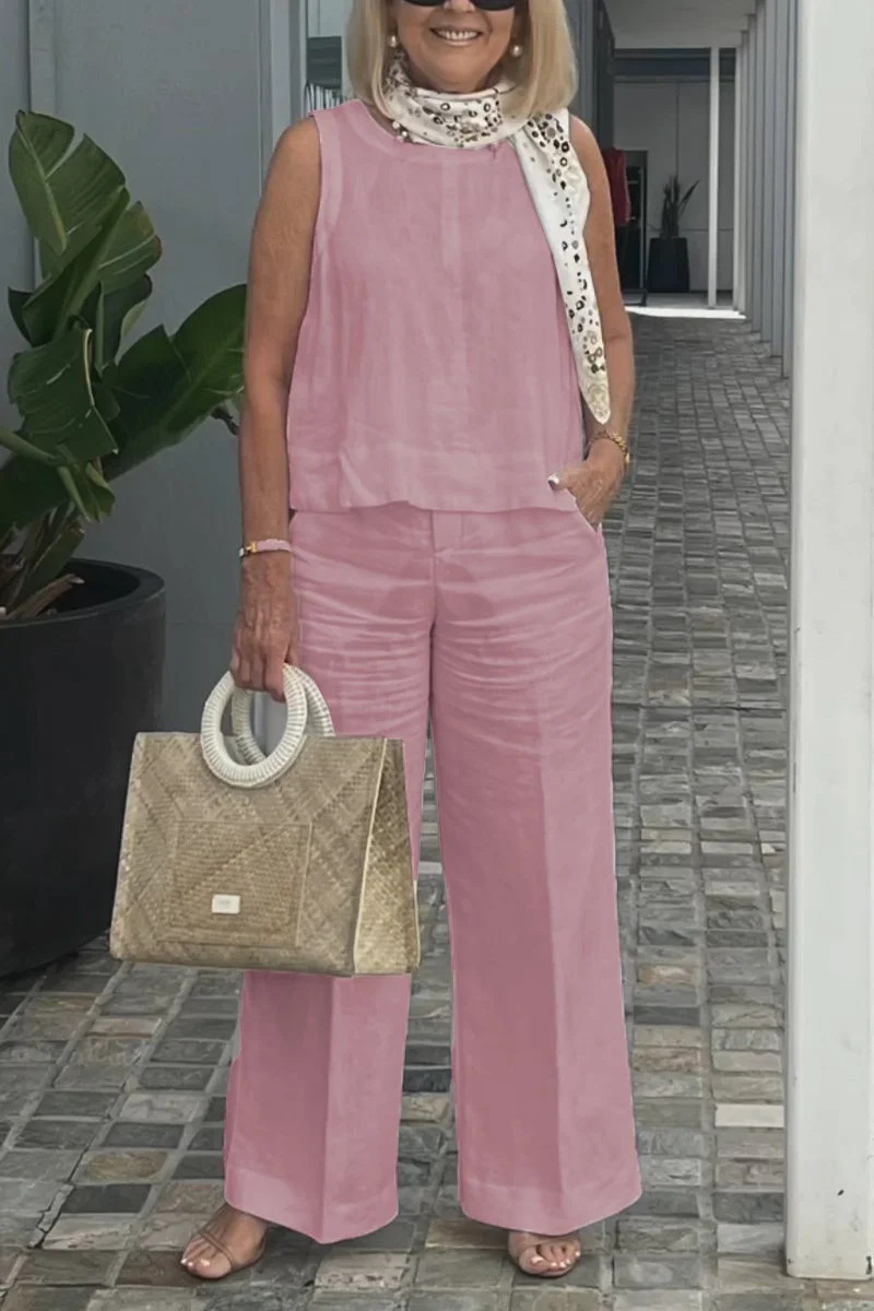 Women's Sleeveless Cotton-Linen Solid Color Pant Set Casual Two-Piece Outfit