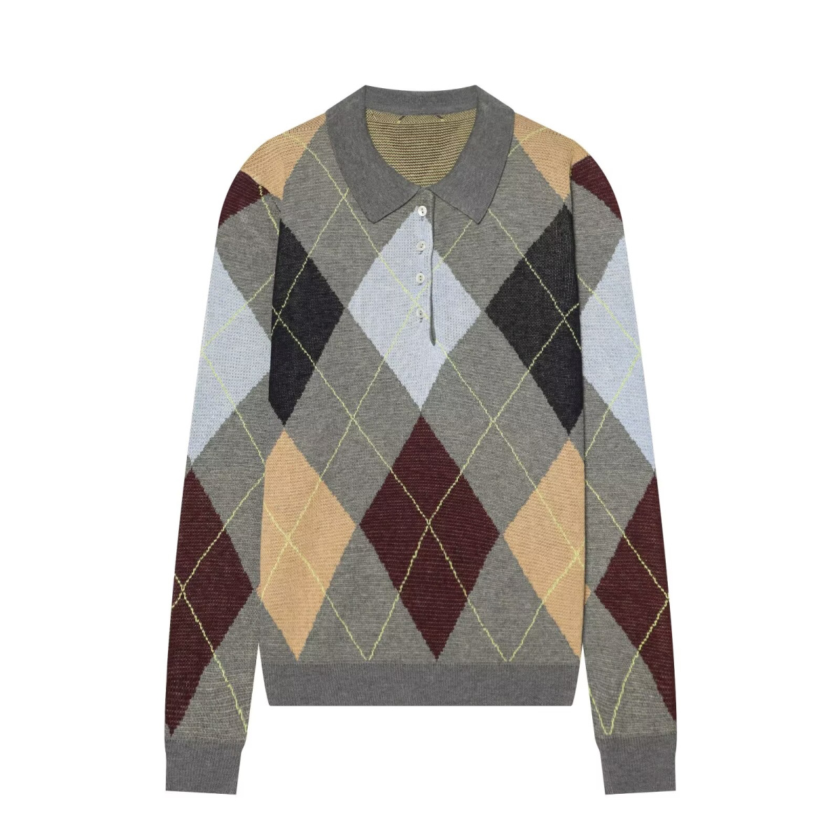 Preppy Color-Block Argyle Long-Sleeve Knit Cardigan