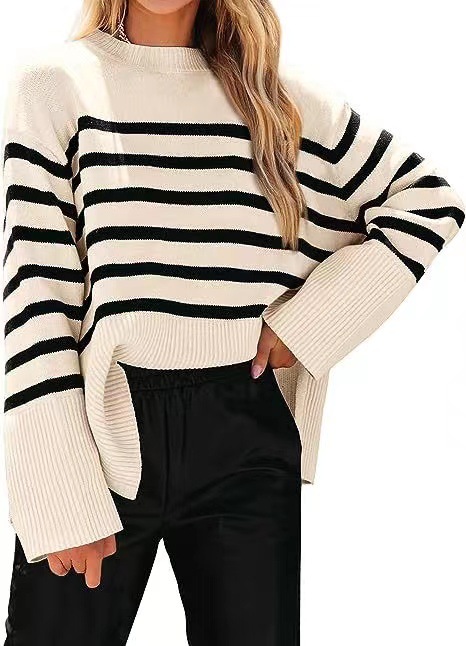 Striped Loose Puff Sleeve Knit Sweater