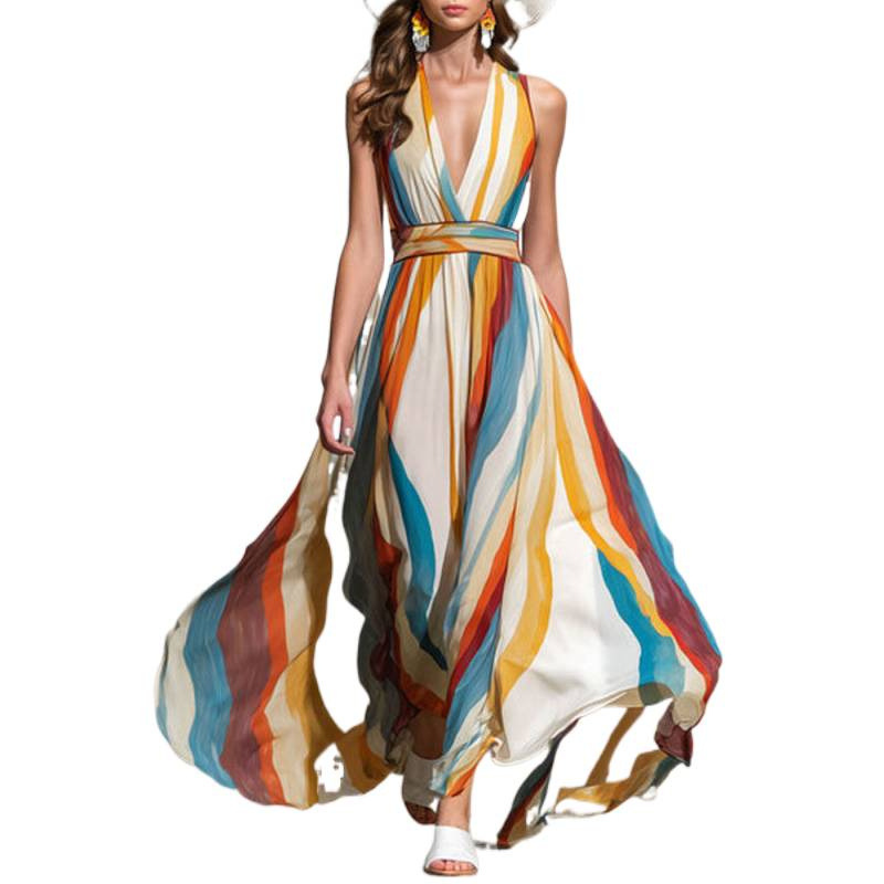 Wave Striped Sleeveless Deep V-Neck Off-Shoulder Long Dress