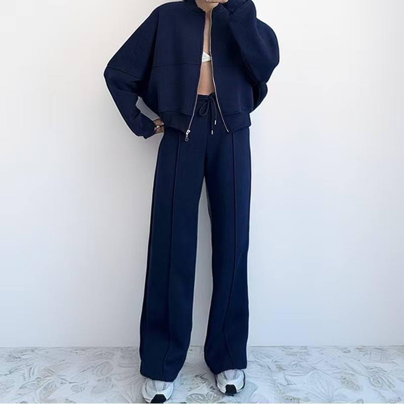 Women's Solid Color Zip-Up Long Sleeve Top and Drawstring Pants Set