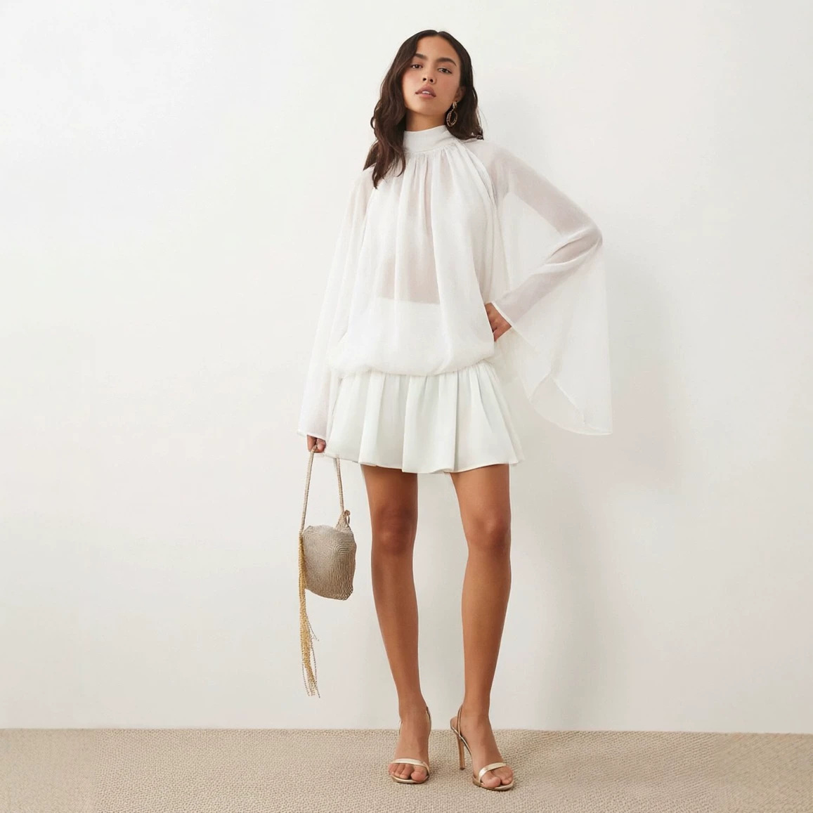 Women's High Neck Puff Hem Open Back Long Sleeve Dress