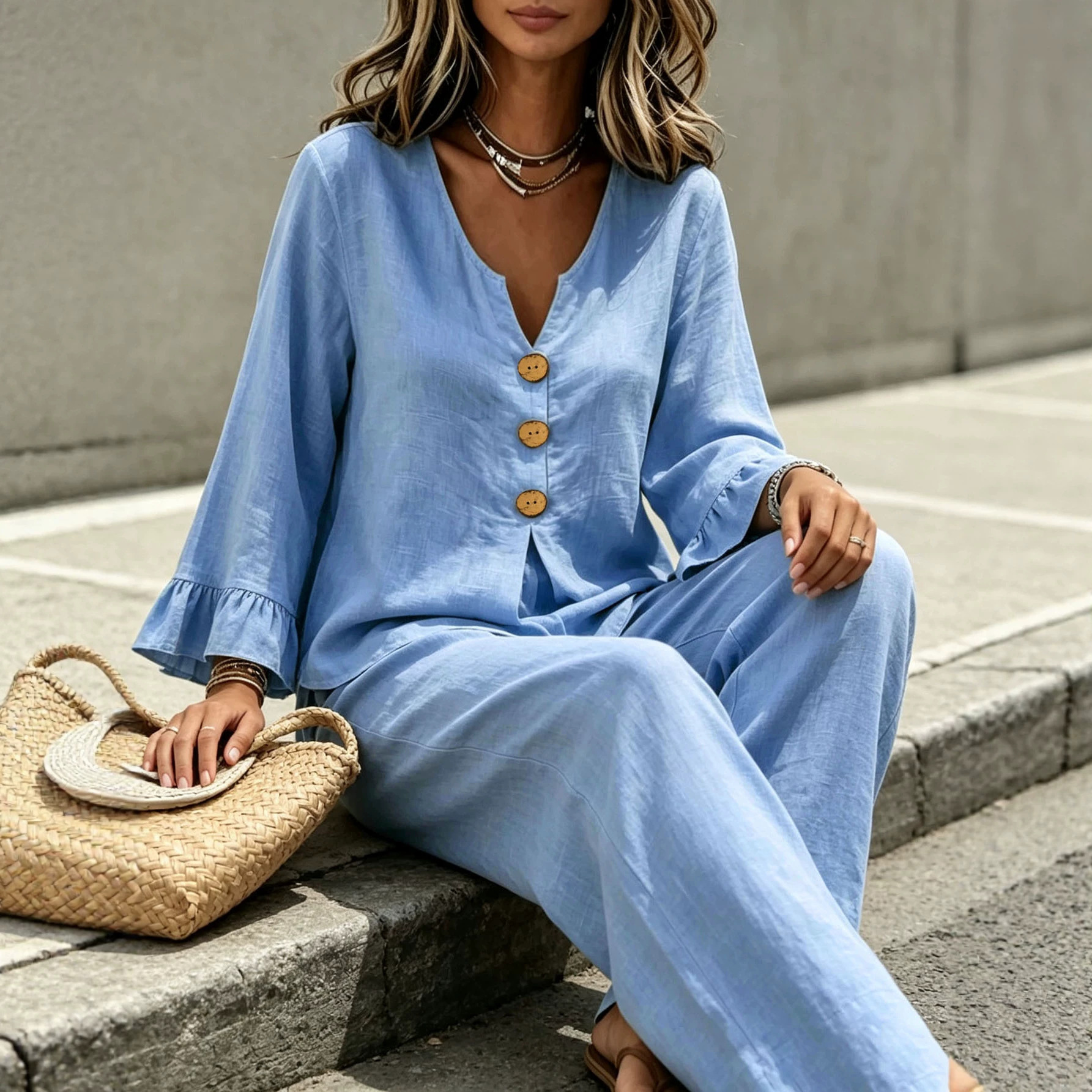 Women's Casual Two-Piece Set Long-Sleeve V-Neck T-Shirt and Pants