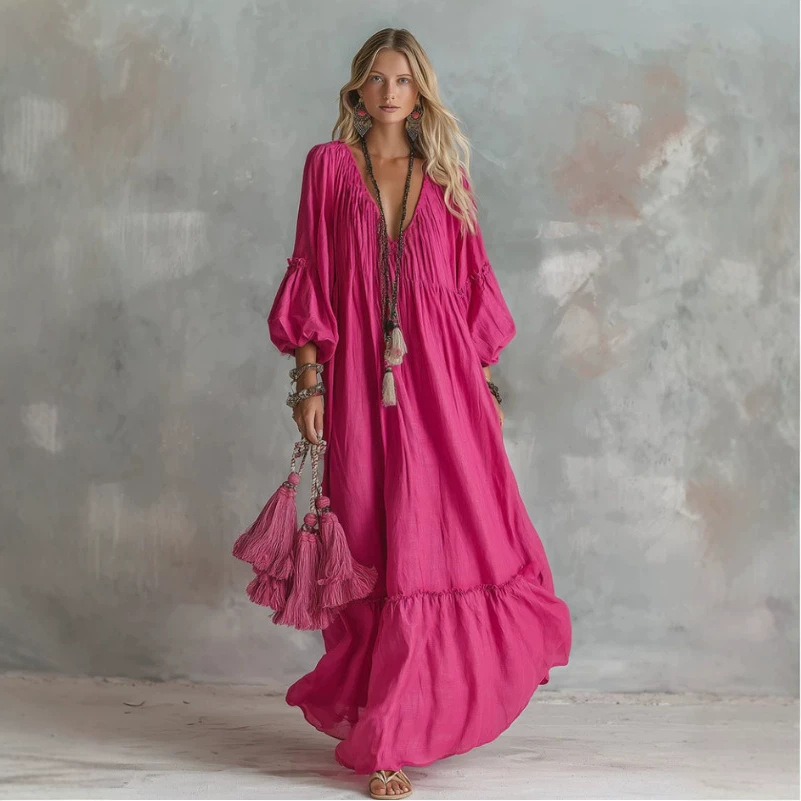 Boho V-Neck Rose Red Maxi Dress with Lantern Sleeves