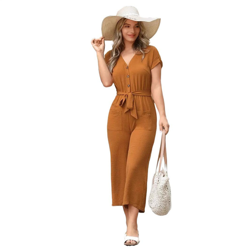 Women's V-Neck Short Sleeve Belted Jumpsuit