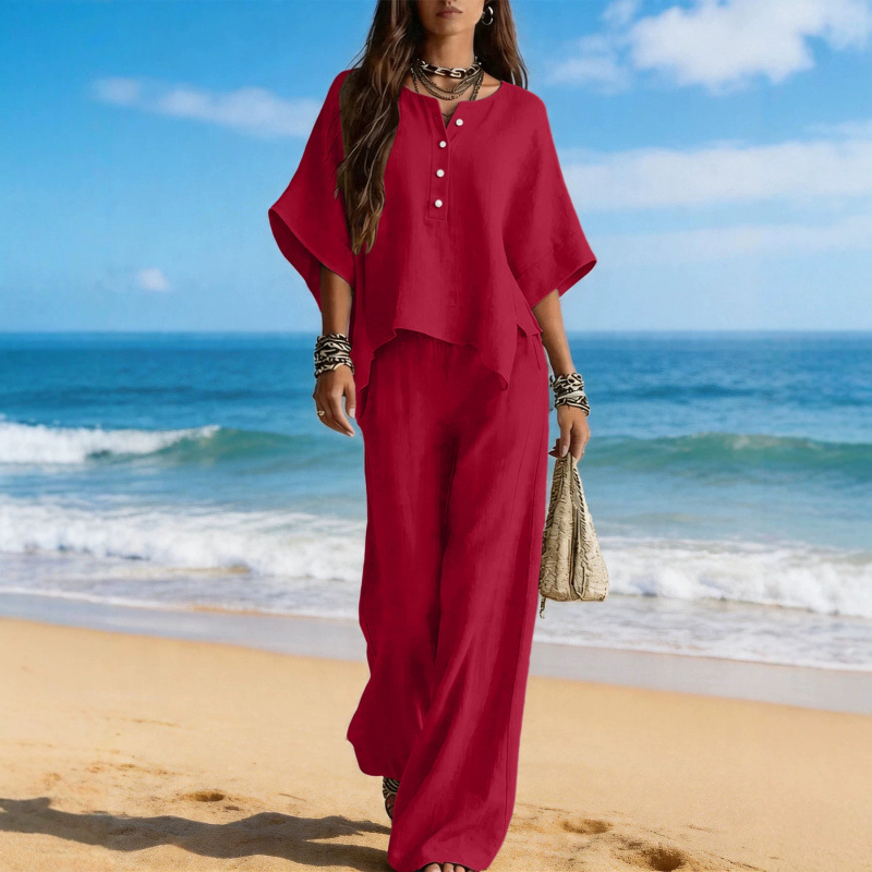 Women's Asymmetrical Round Neck T-Shirt and Pants Two-Piece Set