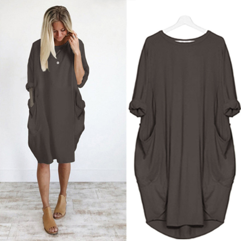Women's Casual Loose Pocket Long Sleeve Plus Size Dress