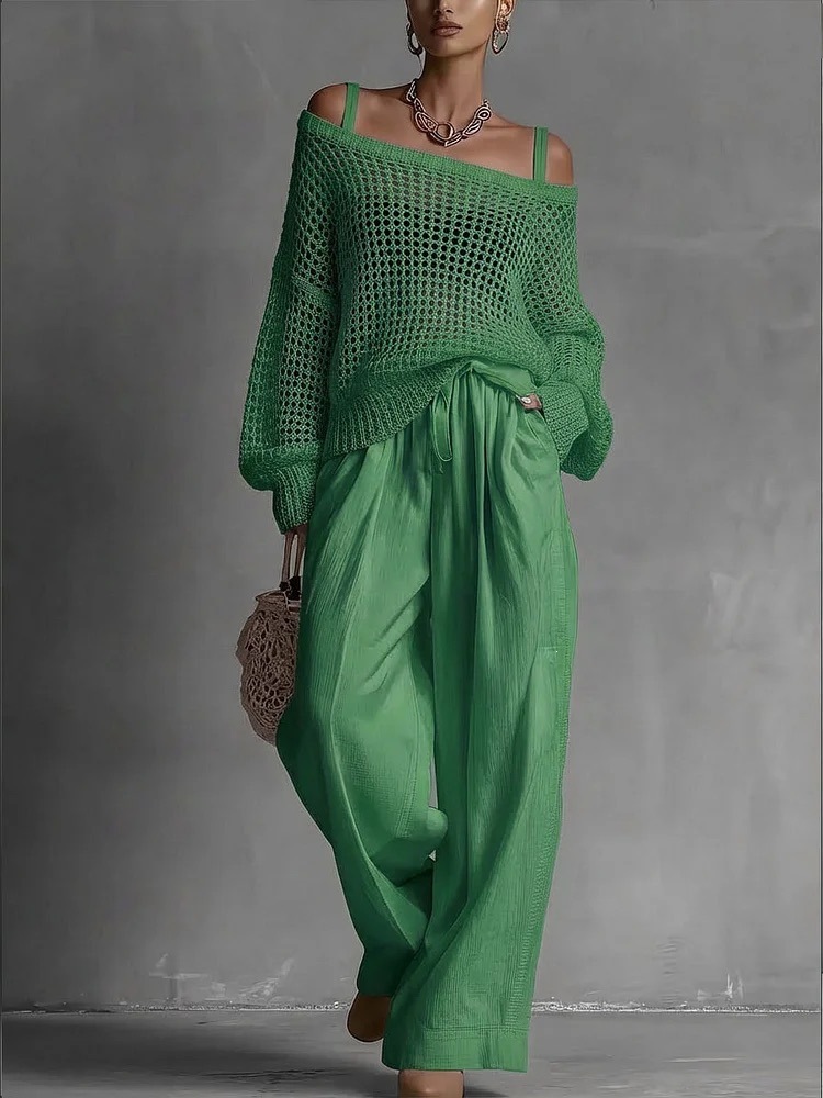 Women's Open-Knit Top & Cotton-Linen Pants Two-Piece Set