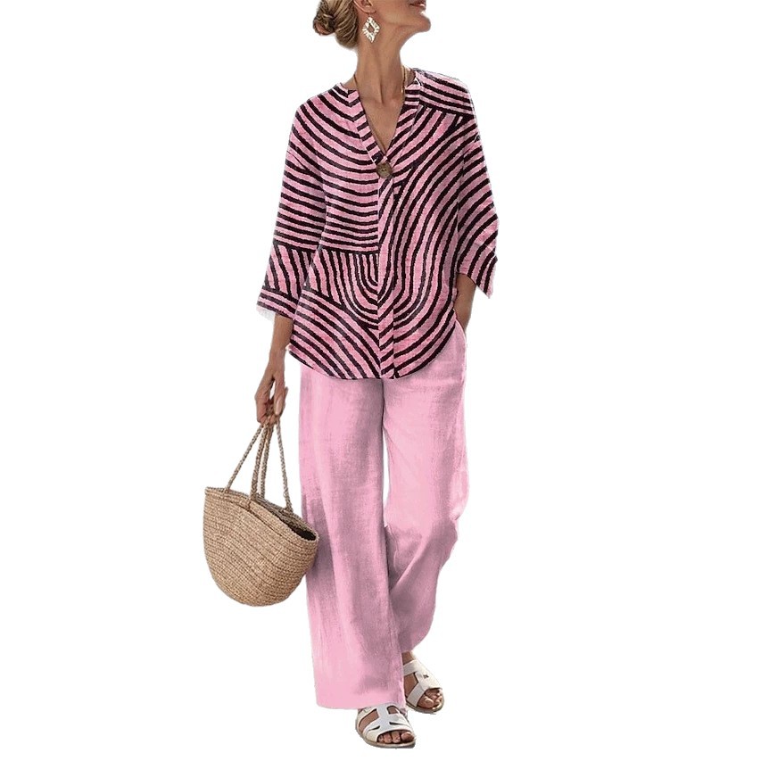 Women's Vacation Print V-Neck 3/4 Sleeve Straight-Leg Pant Set