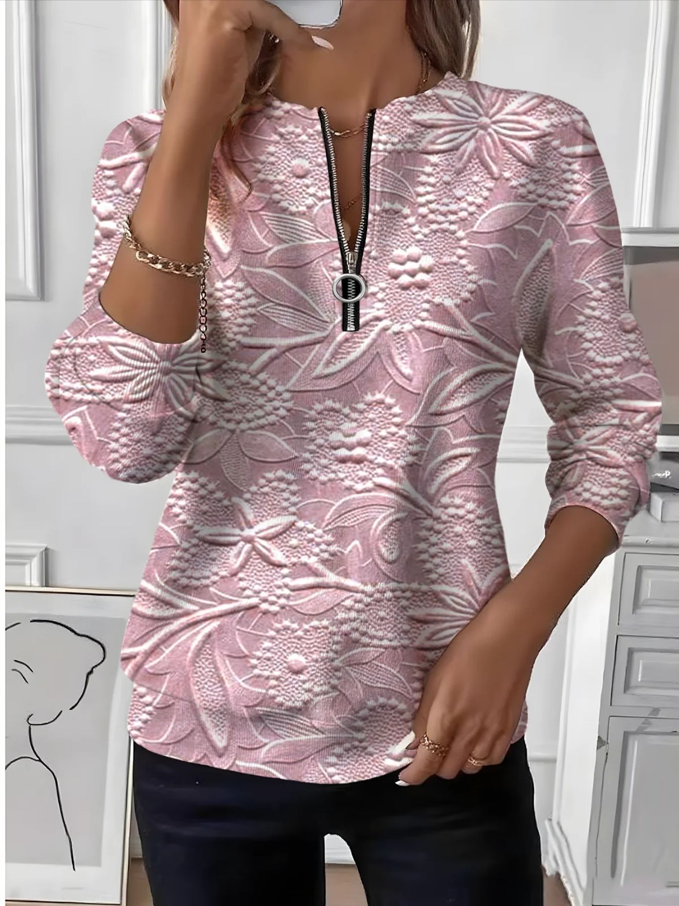 Retro Leaf Floral Print Half-Zip Hoodie for Women