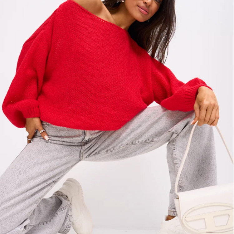 Women's Off-Shoulder Pullover Knit Sweater Loose Long Sleeve Solid Color