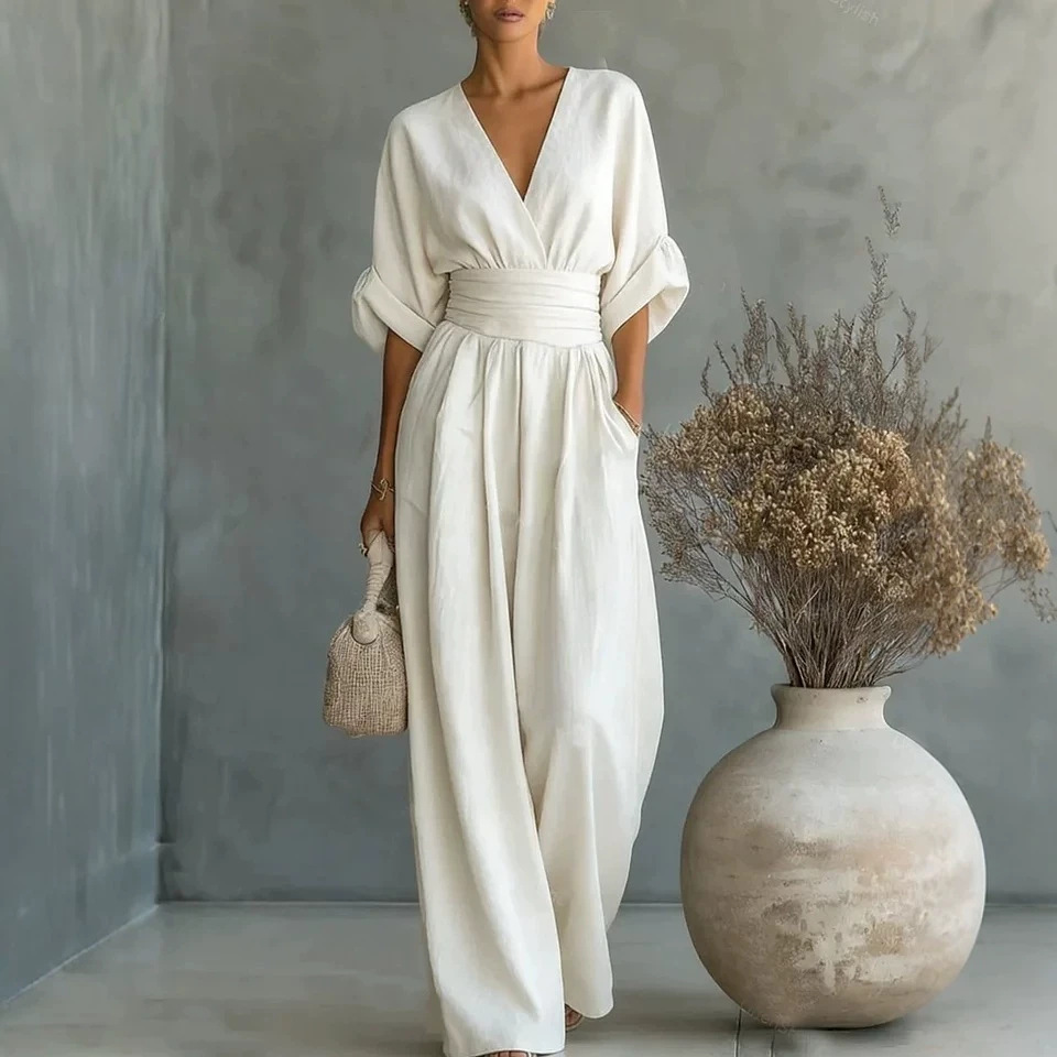 Elegant V-Neck Waist-Cinching Jumpsuit