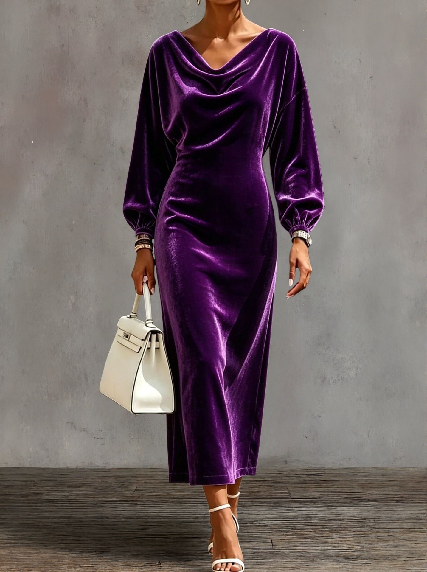 Solid Velvet Cowl Neck Slim Fit Long Sleeve Dress