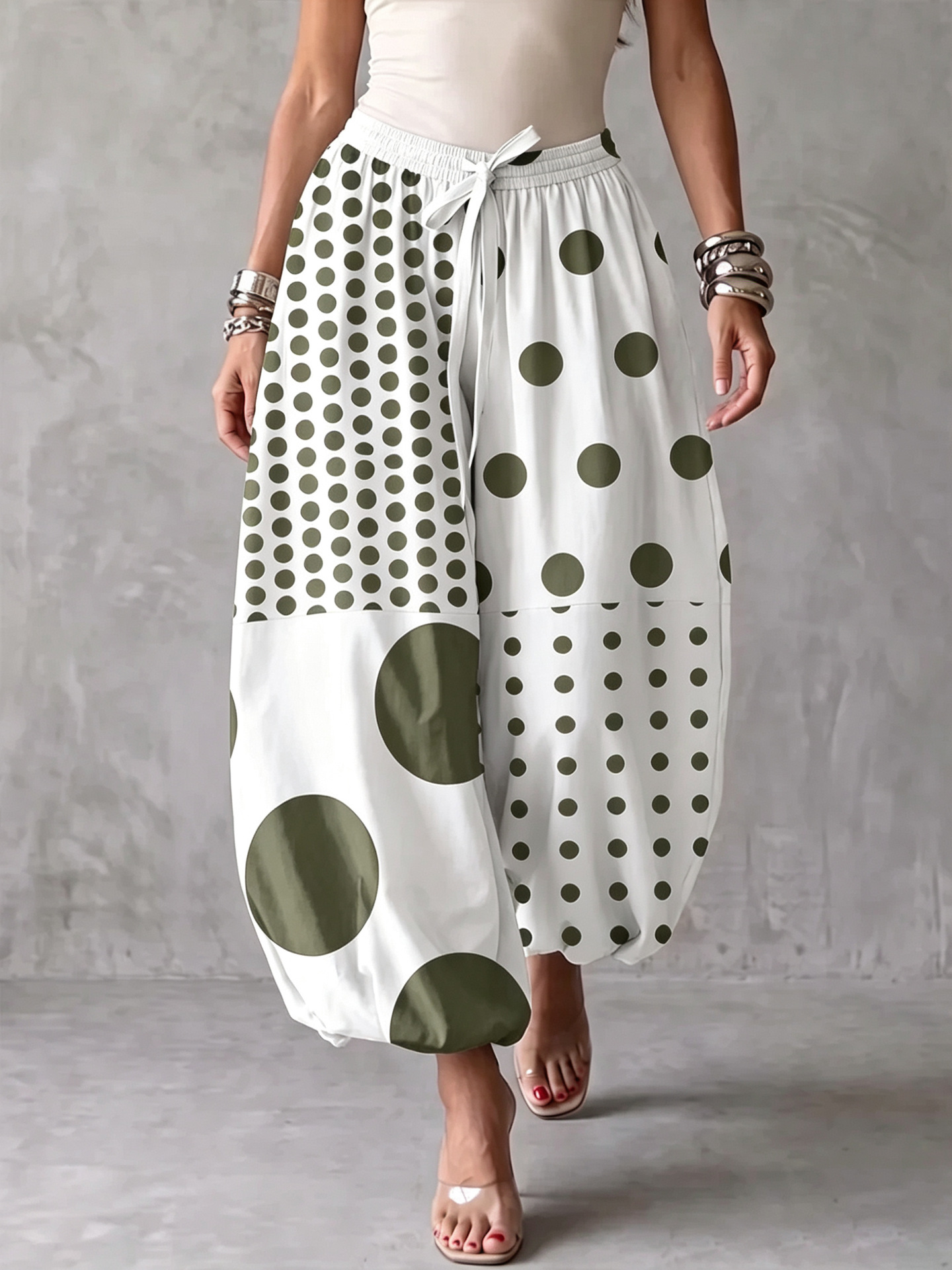 Asymmetric Polka Dot Print Drawstring Jogger Pants