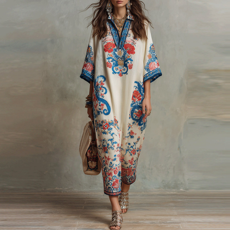 Floral Print V-Neck Kaftan Maxi Dress with Slit and Flared Hem