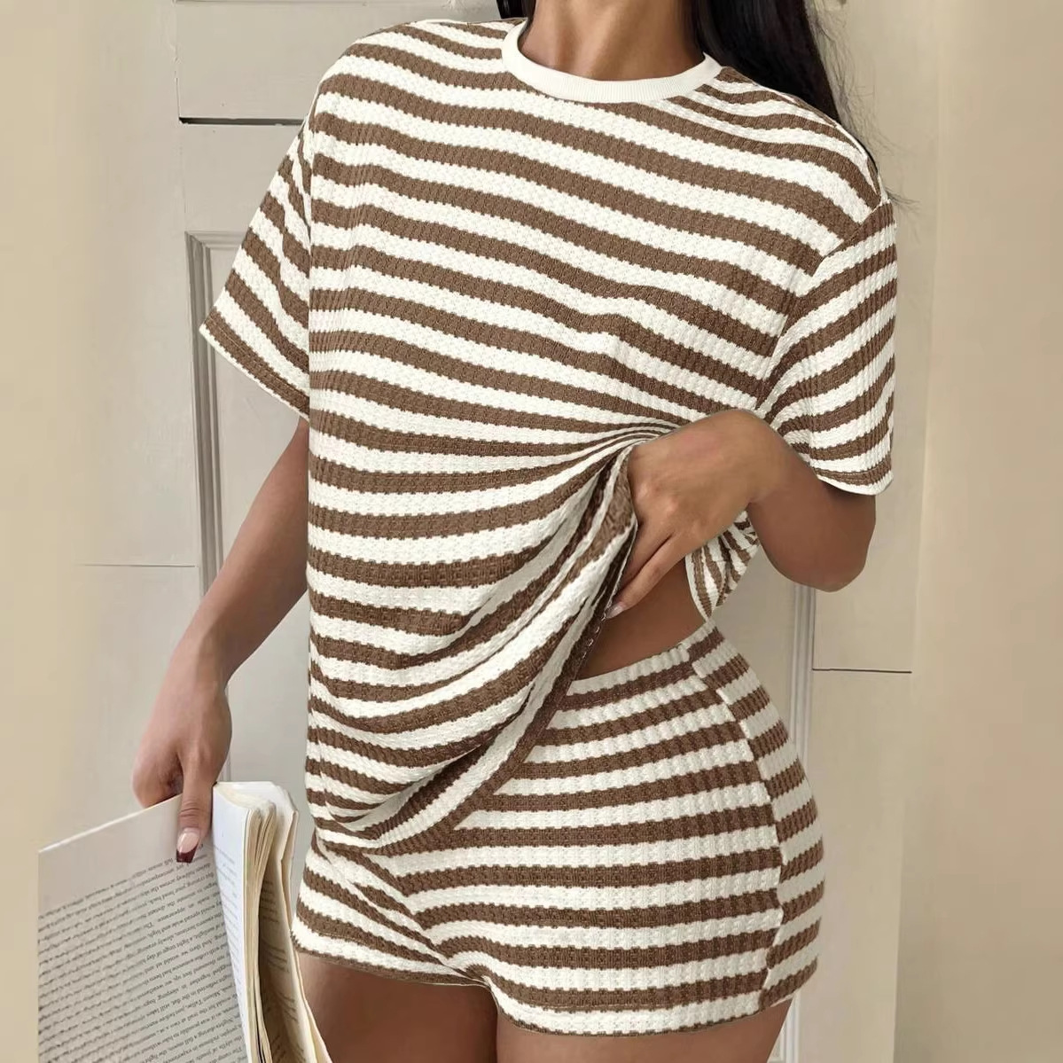 Striped Short Sleeve T-Shirt Set Women Casual Loose Crew Neck