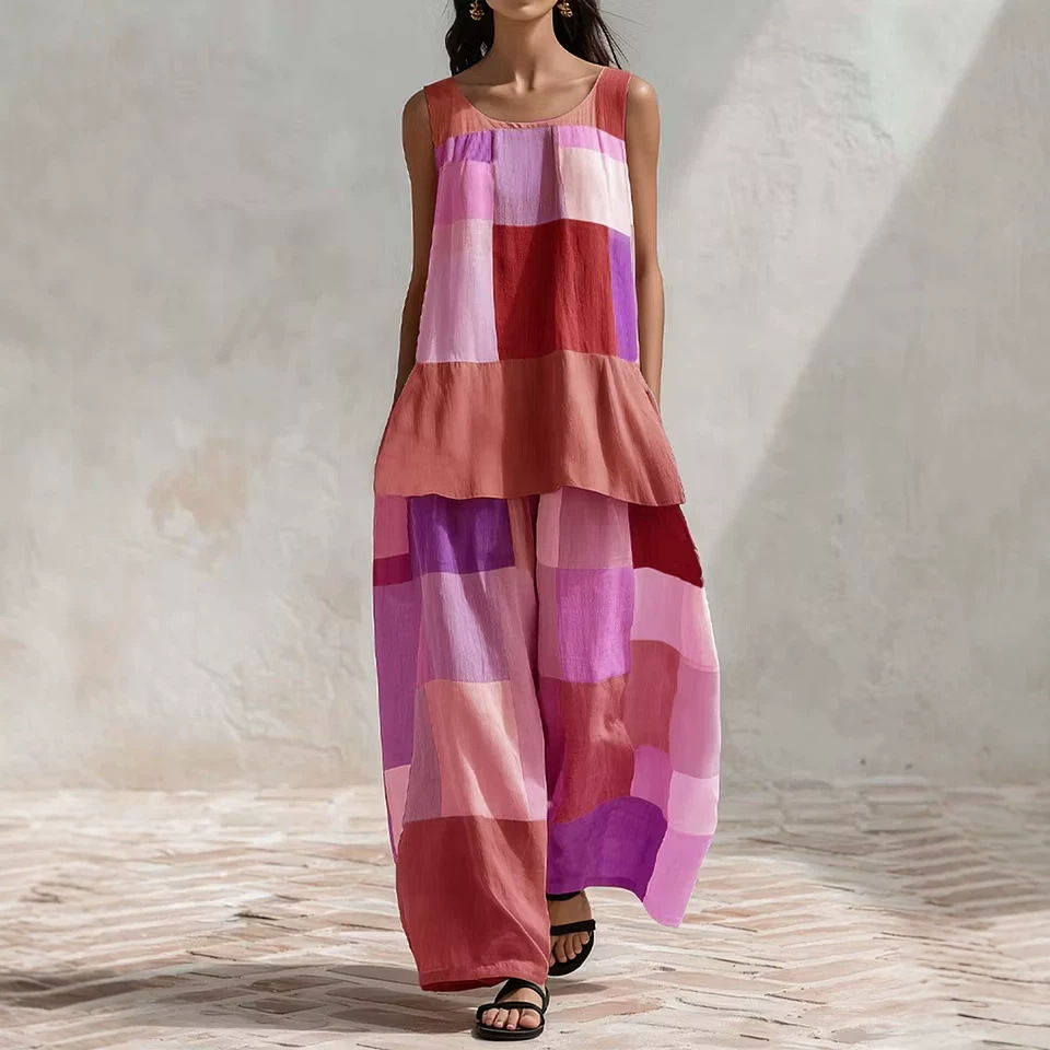 Boho Colorblock Print Sleeveless Shirt & Pants Set