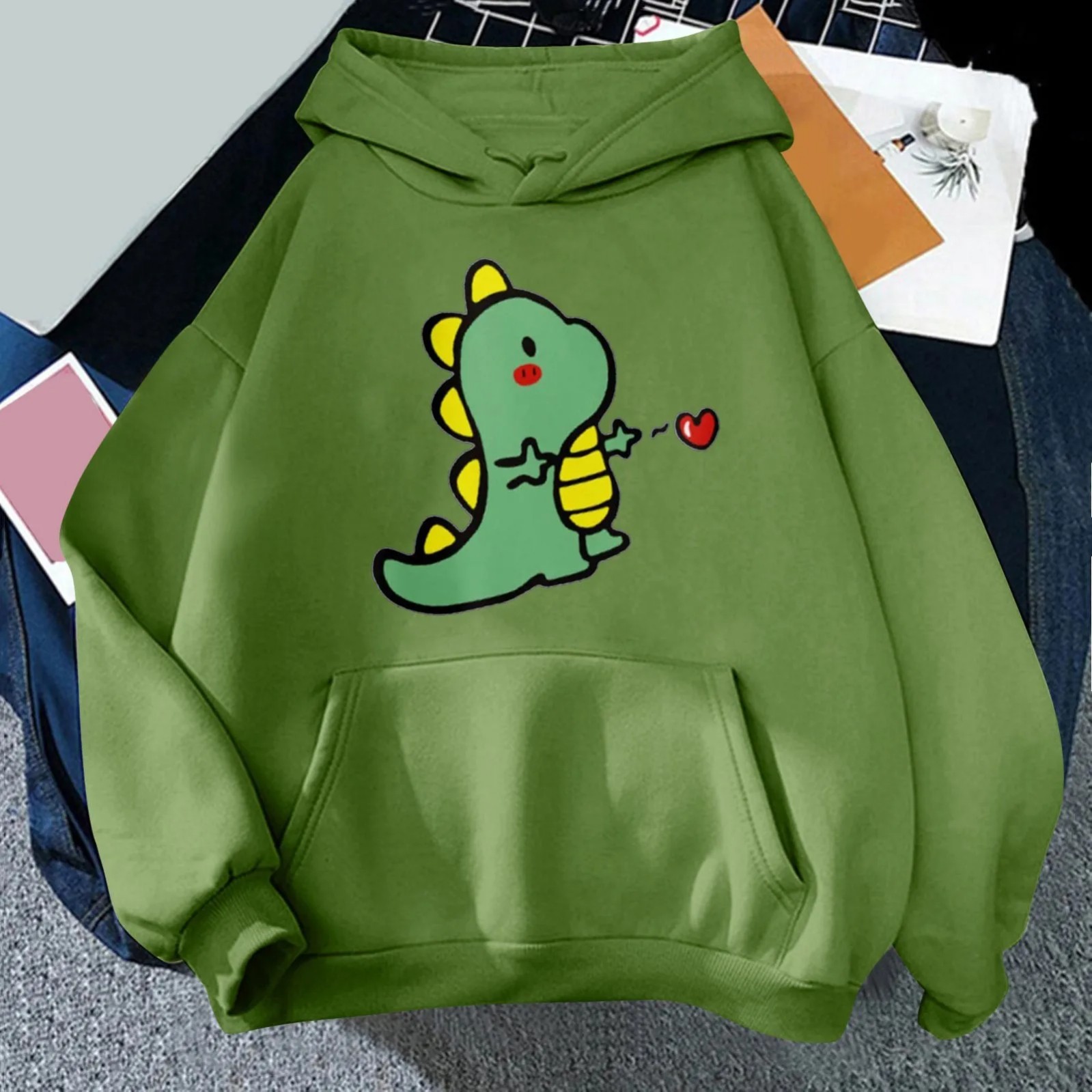 Women's Cartoon Dinosaur Heart Print Hoodie