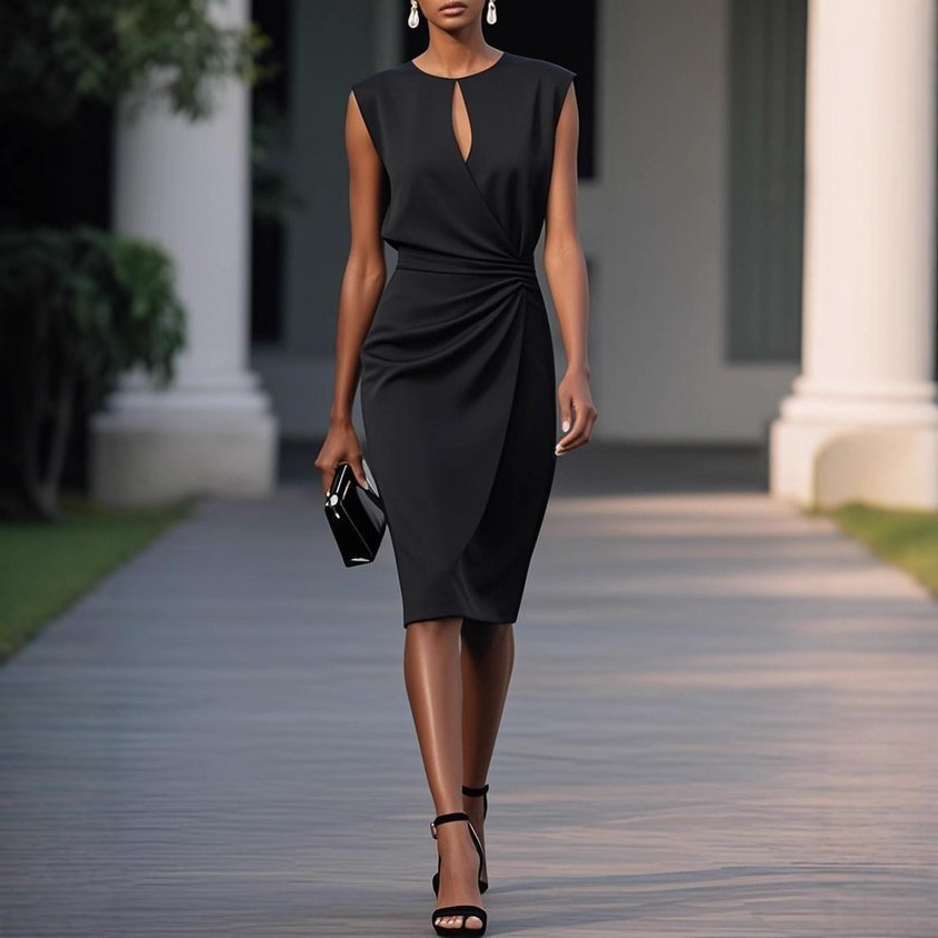 Women's Vintage Cross Solid Color Knotted Round Neck Cutout Dress