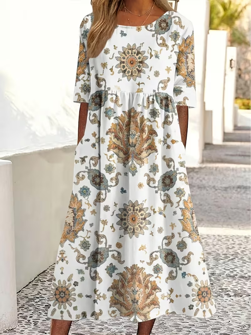 Women's Vintage Floral A-Line Midi Dress