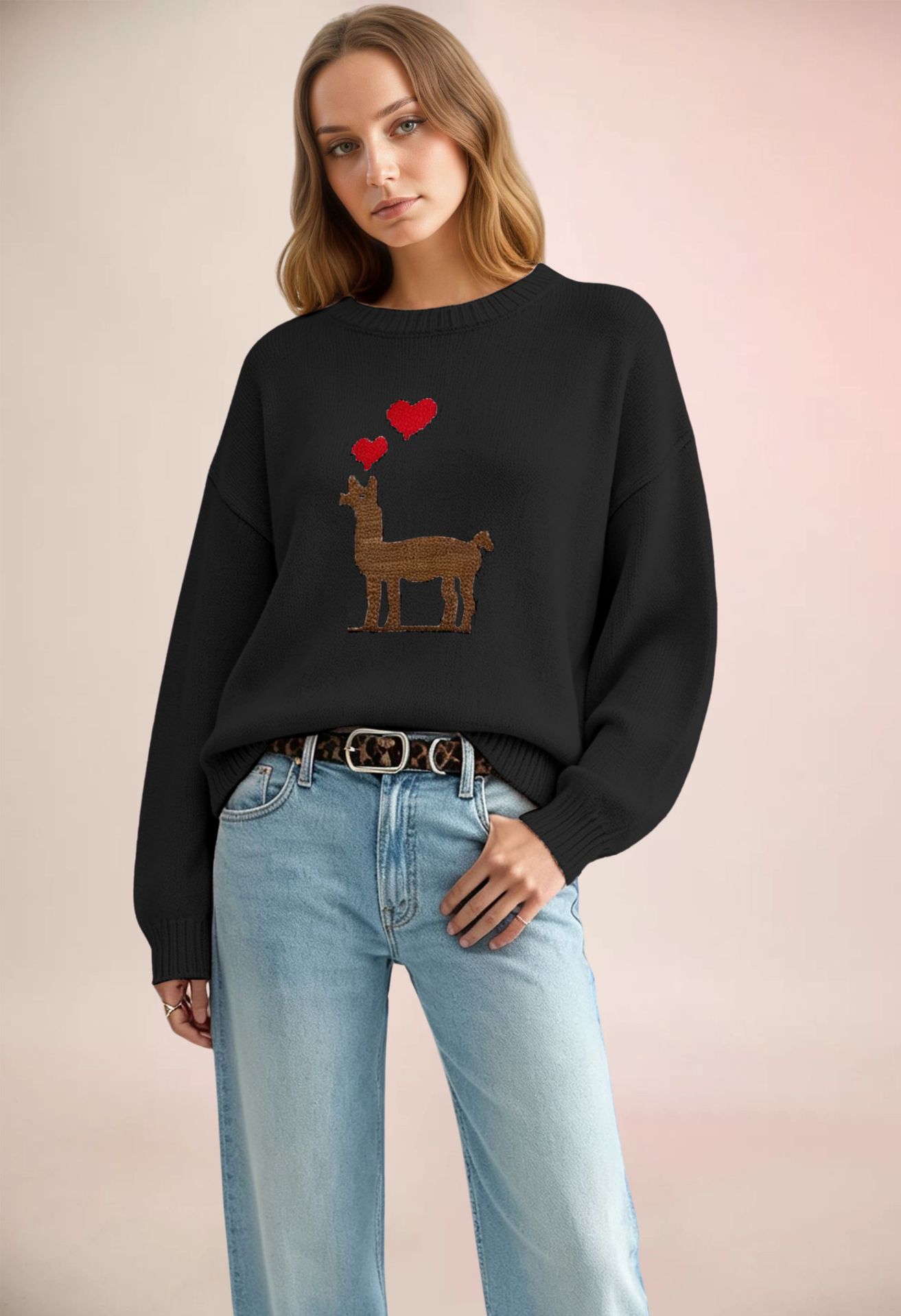 Heart Colorblock Crewneck Pullover Knit Sweater