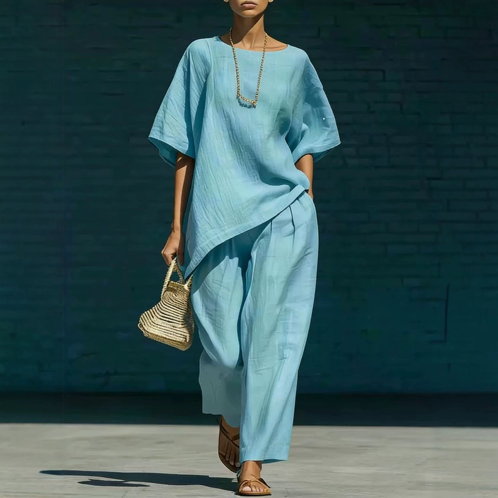Women's Cotton-Linen Crew Neck Two-Piece Set Casual Urban Outfit