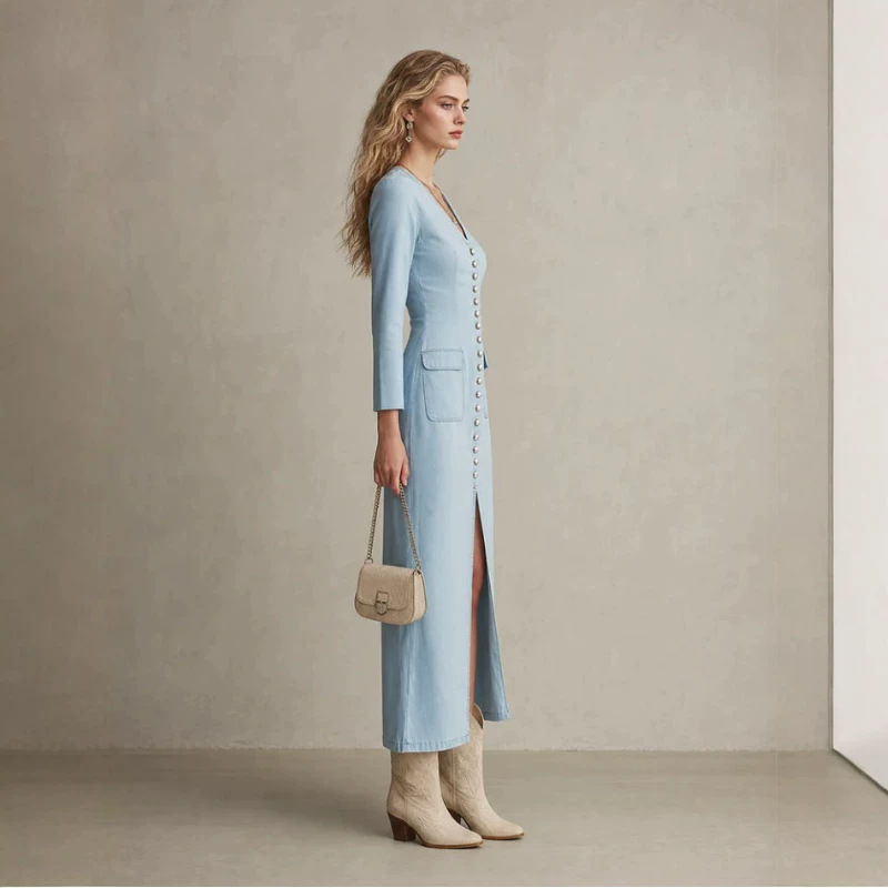 Light Blue V-Neck Slit Long Dress