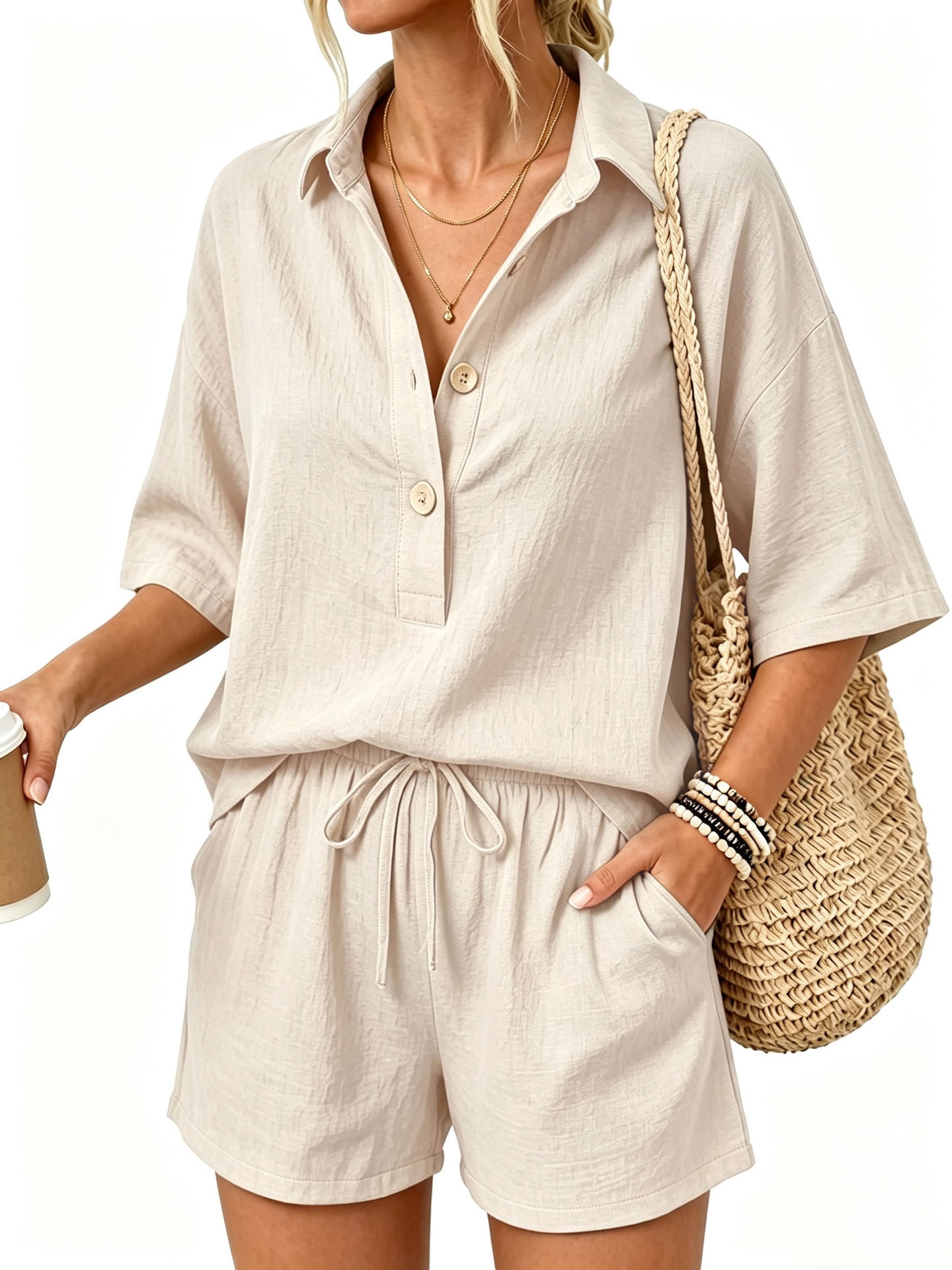 Solid Color Two-Piece Set Lightweight Short Sleeve Top with Pockets and High Waist Shorts
