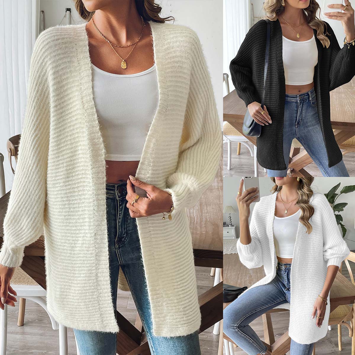 Faux Mink Open-Front Cardigan Long-Sleeve Knit Sweater Coat