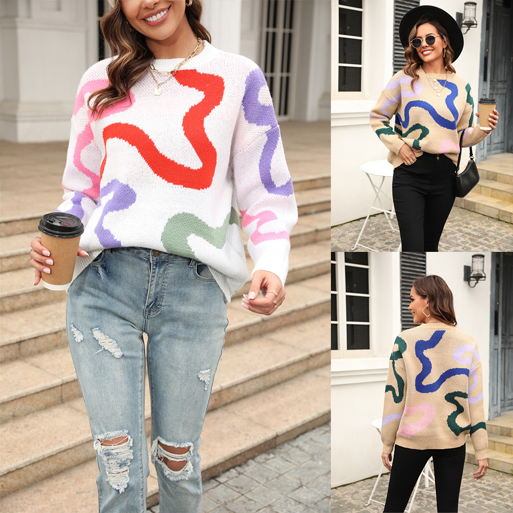 Geometric Color-Block Crewneck Knit Sweater, Loose Pullover