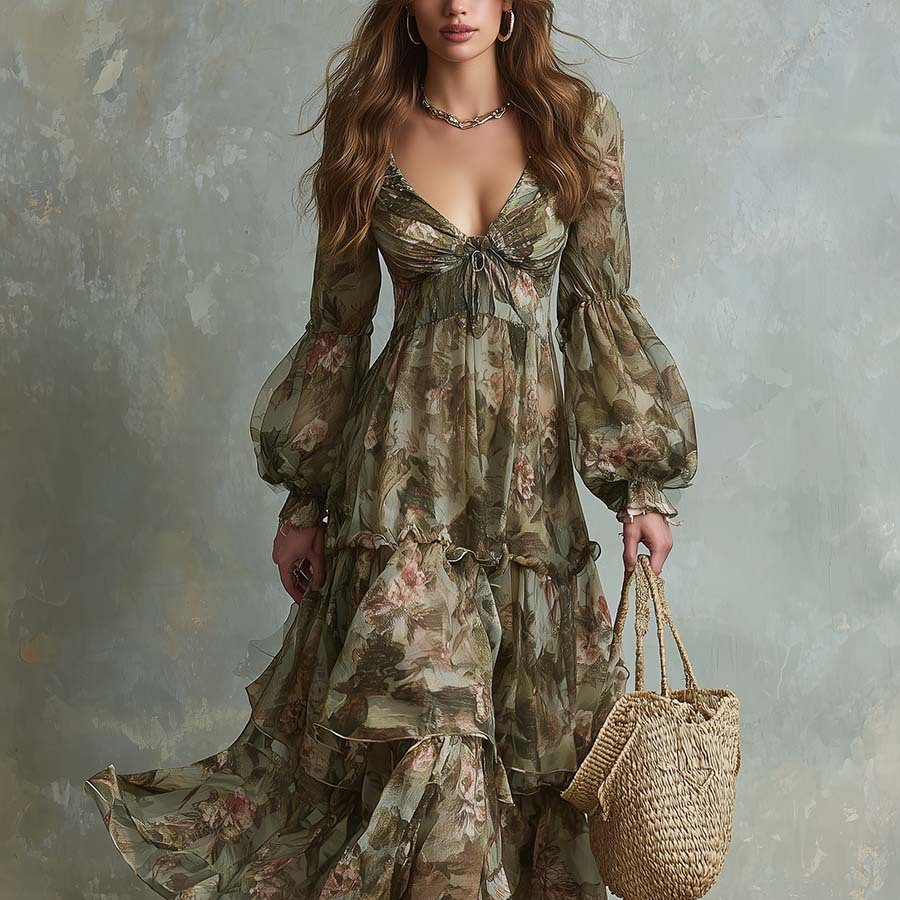 Vintage Green Floral Print Deep V-Neck Drawstring Bubble Sleeve Tiered Maxi Dress