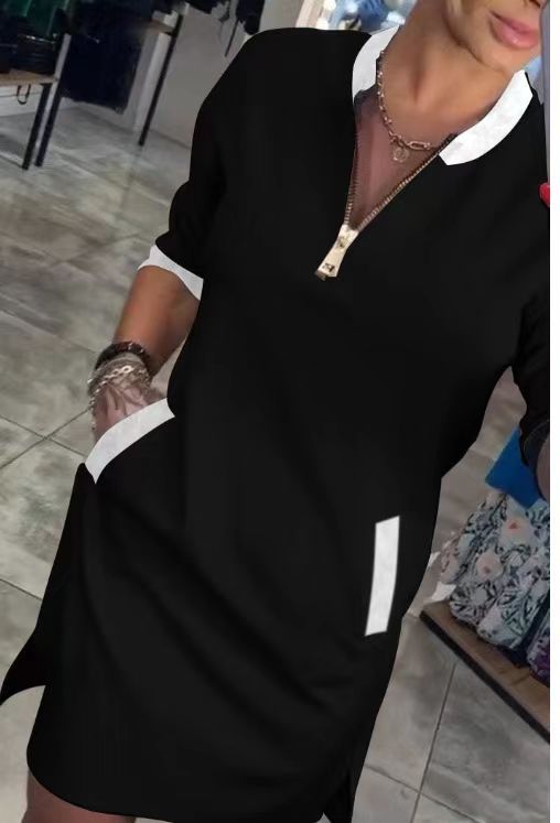 V-Neck Zip Midi A-Line Dress with Three-Quarter Sleeves