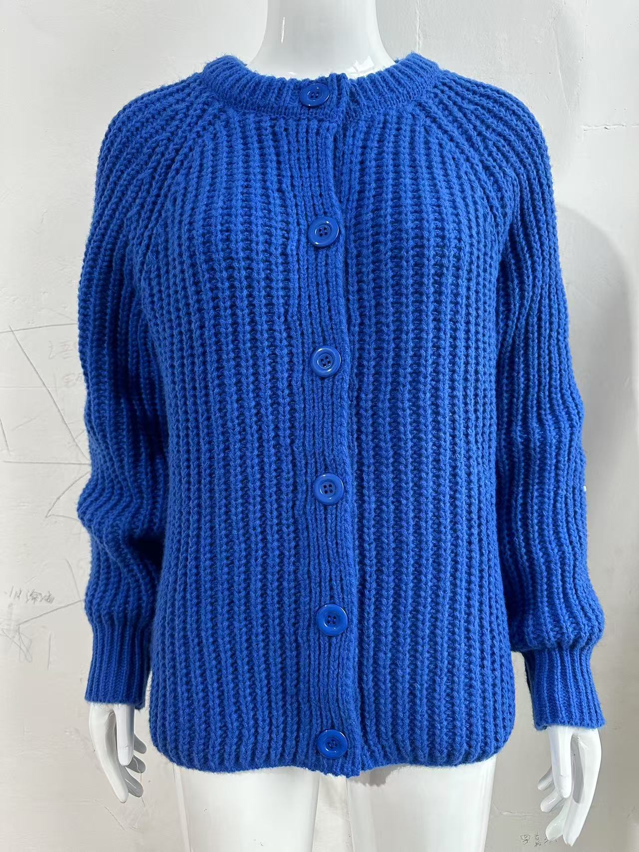 Women's Solid Knit Cardigan Round Neck Long Sleeve Loose Fit