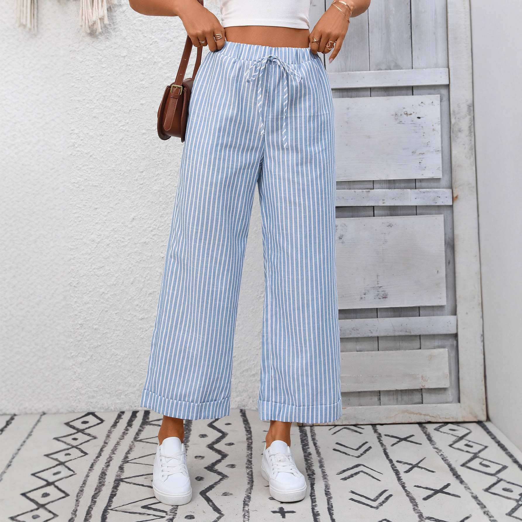 Striped High-Waist Cropped Casual Pants